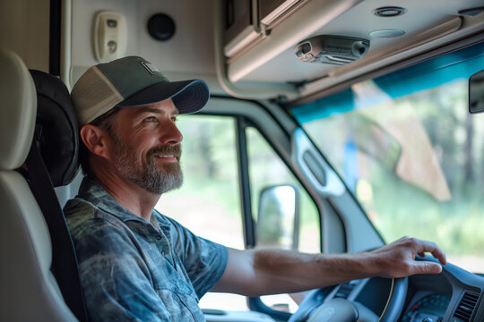 Content male driver relaxes in the driver's seat of his rv, smiling as he enjoys a leisurely journey on the road