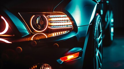 Close up of sport car head lamp on the dark background