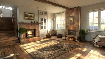 Fototapeta premium Cozy Living Room with Brick Fireplace and Wooden Beams