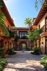 Fototapeta premium Courtyard of a Spanish style house with two story buildings on each side