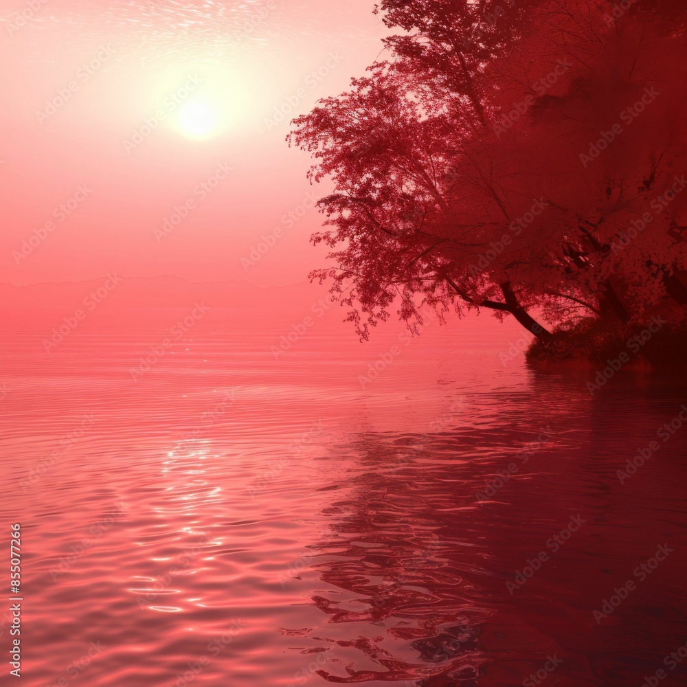 Canvas Prints AI generated illustration of a lakeside scene at sunset, tinted in red hues