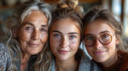 Fototapeta premium A close-up photo of three women, a grandmother, her daughter, and granddaughter, all smiling at the camera.