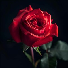 AI generated illustration of a close-up of a vibrant red rose against a dark background