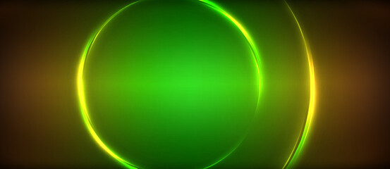 Neon glowing circle rays, light round lines in the dark, planet style neon wave lines. Energetic electric concept design for wallpaper, banner, background