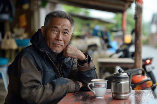 Middle-aged man in a motorcycle jacket takes a thoughtful pause with a coffee at a rustic outdoor cafe setting - Powered by Adobe