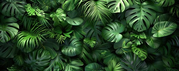 Lush green foliage background with various tropical leaves.