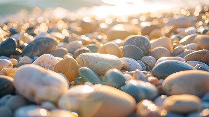 Obraz premium Close up colorful pebbles on the seaside with morning sunlight