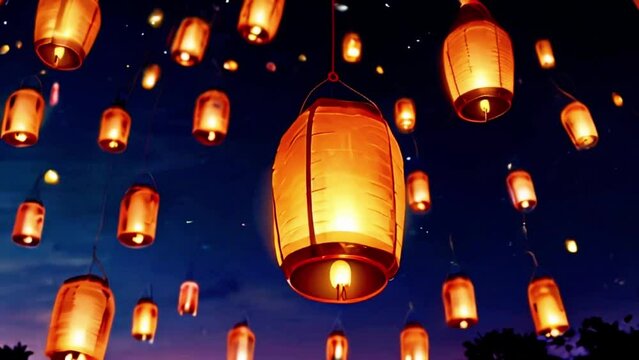 Floating lanterns in Yee Peng Festival Flying Sky burning flame lanterns Animation Background. Diwali festival, Autumn Festival or Chinese festive. Luminous floating lamps night sky Lanterns floating.