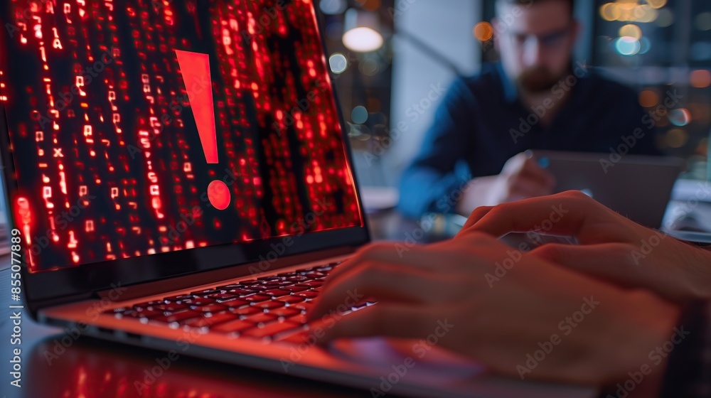 Poster ethical hacker typing on laptop with red warning symbol cybercrime concept