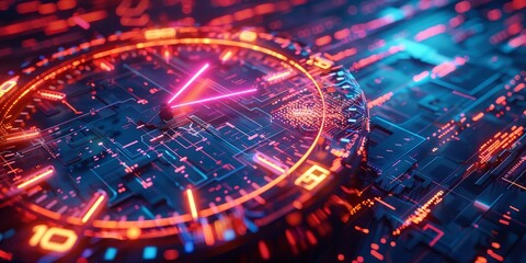 Futuristic Neon Clock in a Sci-Fi Cyberpunk Digital Landscape