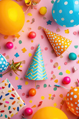 Fototapeta premium Colorful Party Celebration Background with Balloons, Confetti, and Party Hats on a Pink Surface - Festive and Vibrant Party Decor for Birthdays, Celebrations, and Special Occasions