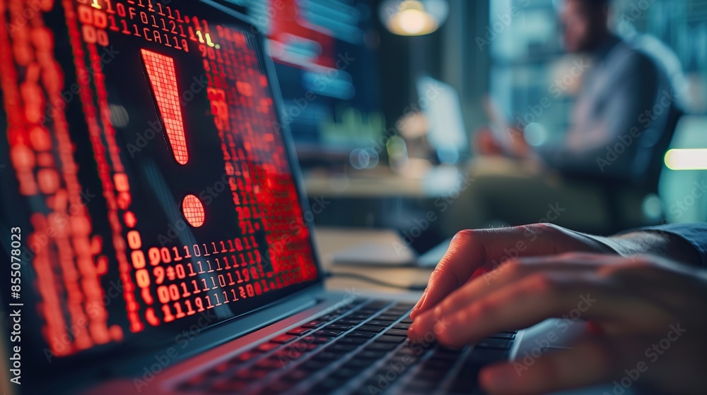 Fototapete laptop screen displays red binary code with warning symbol security ethical hacking cyber expert