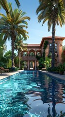 Courtyard of a Spanish style villa with pool