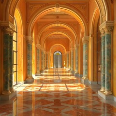 Fototapeta premium Golden Hallway With Columns And Archways