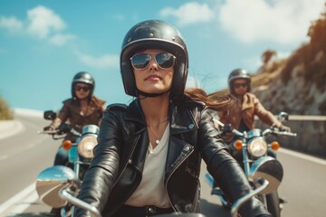 Confident woman motorcyclist leads a group on a sunny day, showcasing freedom, adventure, and a strong bike culture spirit