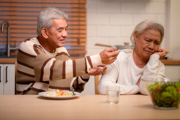 Senior Love and Healthy Living: Elderly Couple Shares Care Happiness Together in Retirement, Lifestyle Filled with Family, Healthy Food, Joyful Meals, Smiling Grandparents Nurturing Their Relationship