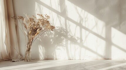 Minimalistic setting with dried flowers and white wall