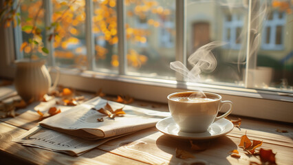 Autumn season, steaming cup of coffee with newspaper and dry leaves on wooden table, softly blurred background - Powered by Adobe