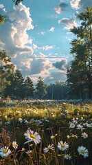 Obraz premium Field of daisies under blue sky