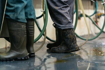 Close-up of workers' muddy boots and hoses in a dairy farm or industrial setting