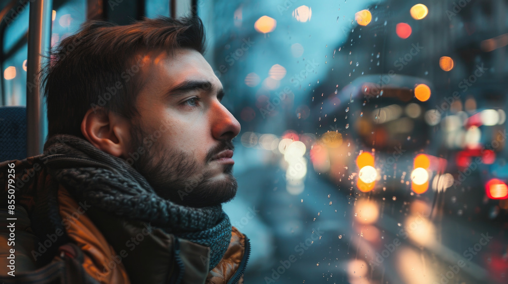 Poster A man lost in thought, looking at the city passing by from a bus window, blurred background, with copy space	