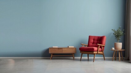 Interior home of living room with red armchair on empty blue wall copy space mock up, Scandinavian style