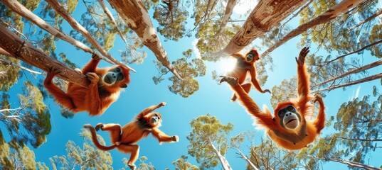 Lively troop of monkeys engaging in grooming and swinging activities amidst the vibrant tree canopy