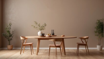 Interior home of dining room with circle wooden dining room table on pastel brown wall copy space, Scandinavian style