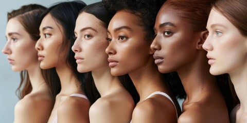Obraz premium Group of beautiful women with natural beauty. Portrait of many attractive female fashion skin models.