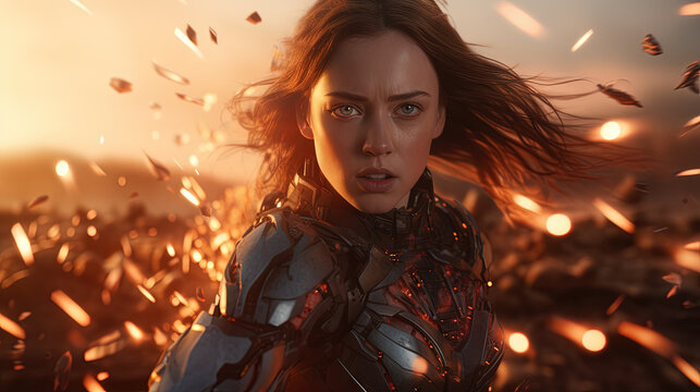Action shot with woman in the sci-fi battle scene, superhero surrounded by sparkles. Dynamic scene in action movie blockbuster style.