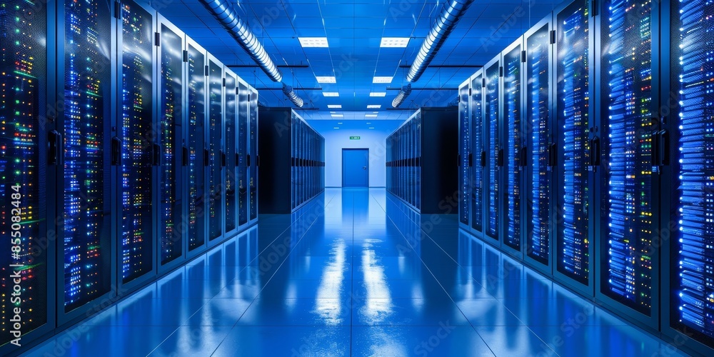 Poster rows of server racks with bright lights in a modern data center.