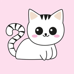 Cute white cat with stripes on a pink background