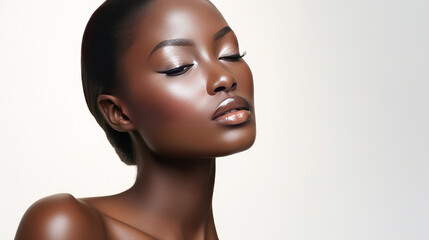 Portrait of a Beautiful, sexy, happy smiling dark-skinned African American woman with perfect skin, on a white-gray background, banner.