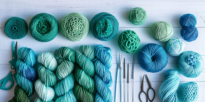 Garn in den Farben Gr&uuml;n, T&uuml;rkis, Aquamarin und Blau. Wei&szlig;er Holzhintergrund. Stricknadeln und H&auml;kelnadeln. Schere. Blauer langer Hintergrund.