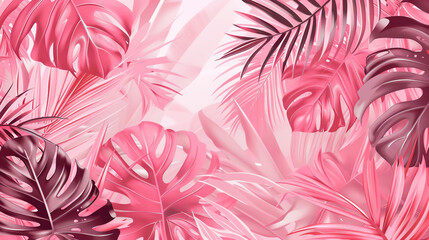 Beautiful pink tropical leaves pattern with various palm and monstera leaves, creating a vibrant and calming background, perfect for designs.