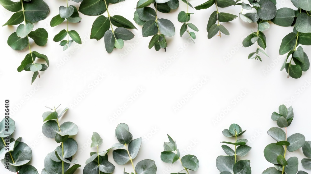 Poster eucalyptus leaves creating a border with empty space on white backdrop