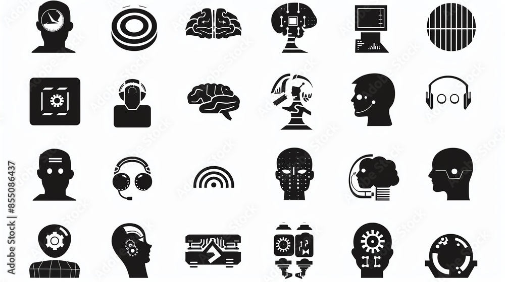 Poster black and white icons related to artificial intelligence, technology, and human-computer interaction