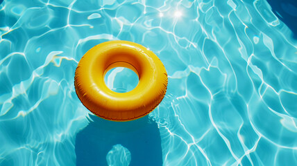 A yellow inflatable ring floating on blue water in a swimming pool.