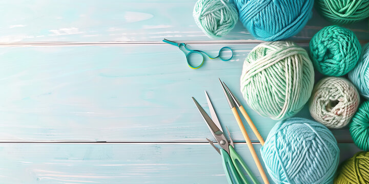 Garn in den Farben Gr&uuml;n, T&uuml;rkis, Aquamarin und Blau. Wei&szlig;er Holzhintergrund. Stricknadeln und H&auml;kelnadeln. Schere. Blauer langer Hintergrund.