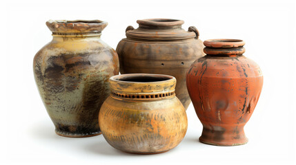 Several old ceramic urns on a white background, created using techniques from the past. These unique vessels are an example of the ancient art of pottery.