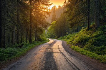 Obraz premium The sunlight is filtering through the branches of trees along a dusty road