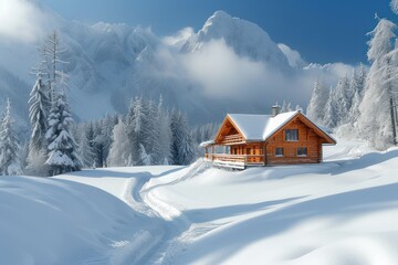 Naklejka premium A log cabin in the foreground of a snowy mountain landscape