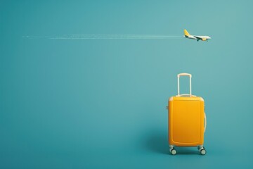 Travel in style with a vibrant orange suitcase and airplane soaring over a blue sky with fluffy clouds