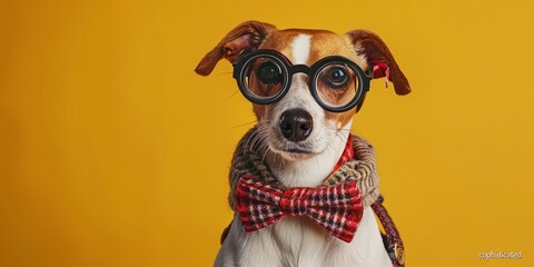 Fototapeta premium Stylish Dog in Glasses and Bow Tie Posing Against Yellow Background