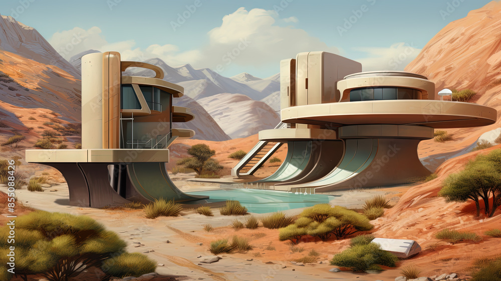 Aufkleber Retro futuristic architecture in sci-fi scene on the desert planet. Alien landscape with nostalgic retro future constructions