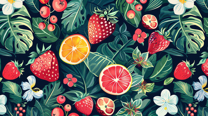 Colorful tropical fruit and floral pattern with strawberries, oranges, and leaves. Vibrant botanical seamless background perfect for design projects.