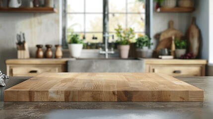 Empty wooden board on table . Kitchen interior