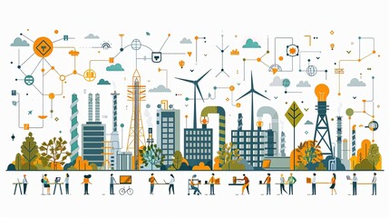 Obraz premium Set of renewable energy engineers and energy illustrations. Flat vector illustrations of renewable energy work, analysis, control, renewable energy development, energy research, energy education