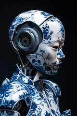 Portrait of a Delft blue porcelain humanoid robot against a  black background.
