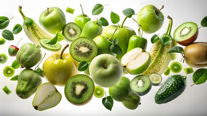 An Assortment Of Fresh Green Fruits And Vegetables Is Suspended In Mid-Air Against A White Background.